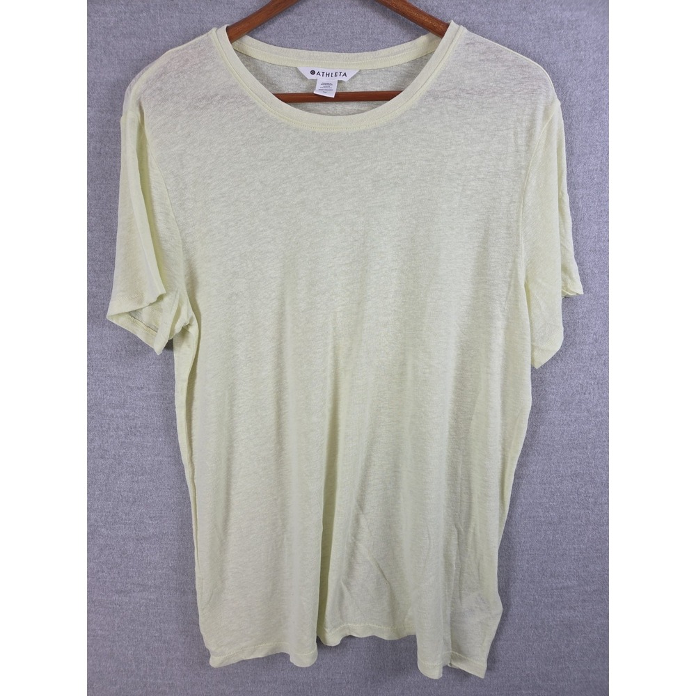 Athleta Crew T Shirt M‎ Linen Blend Lightweight Pale Yellow Relaxed Comfort 5340